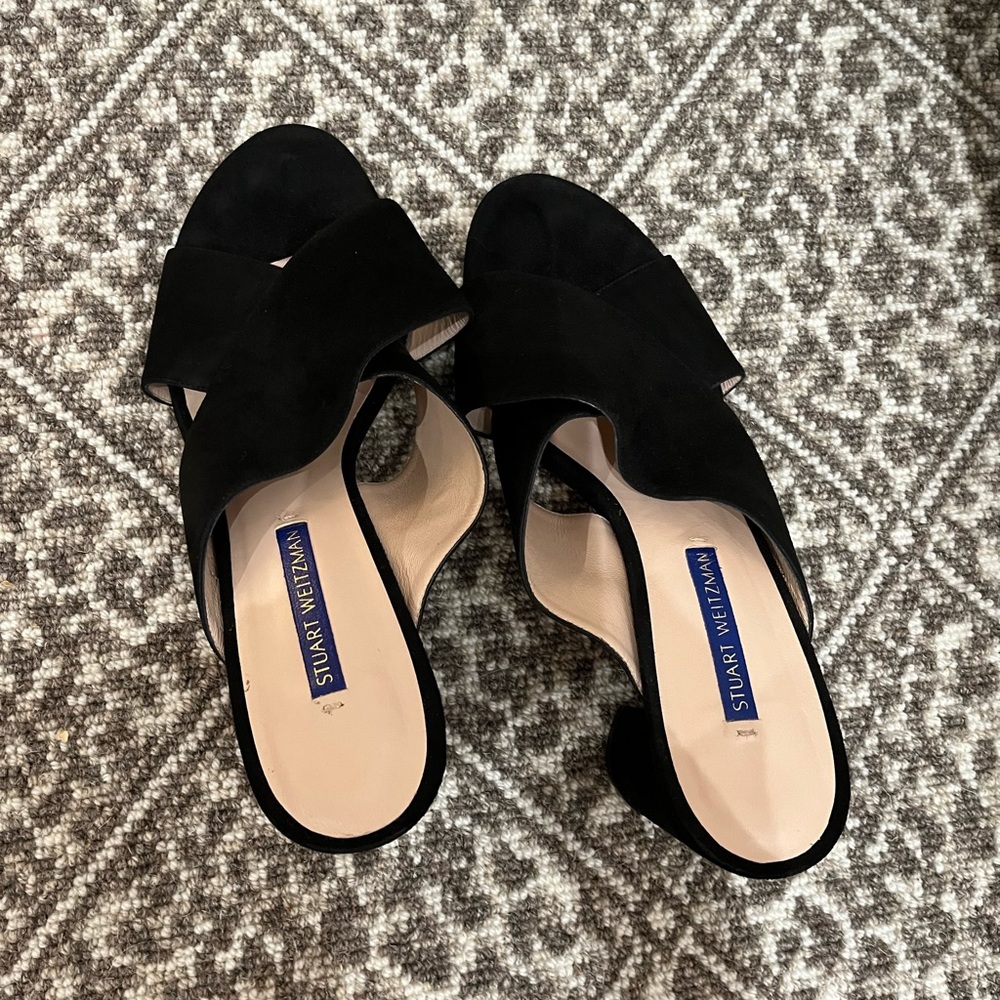 EUC Stuart Weitzman Galene Black Suede Criss Cross Block Heel Mules size 8 - Picture 7 of 7